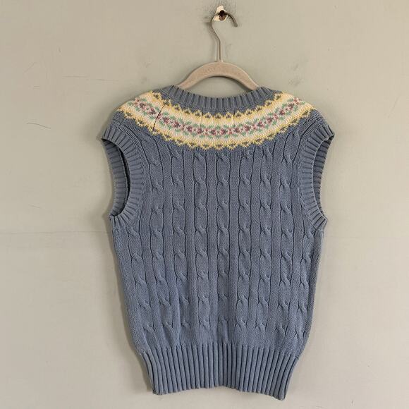 Vintage Ralph Lauren Cable Knit Fair Isle Blue Cotton Cropped Sweater Vest - Picture 3 of 4